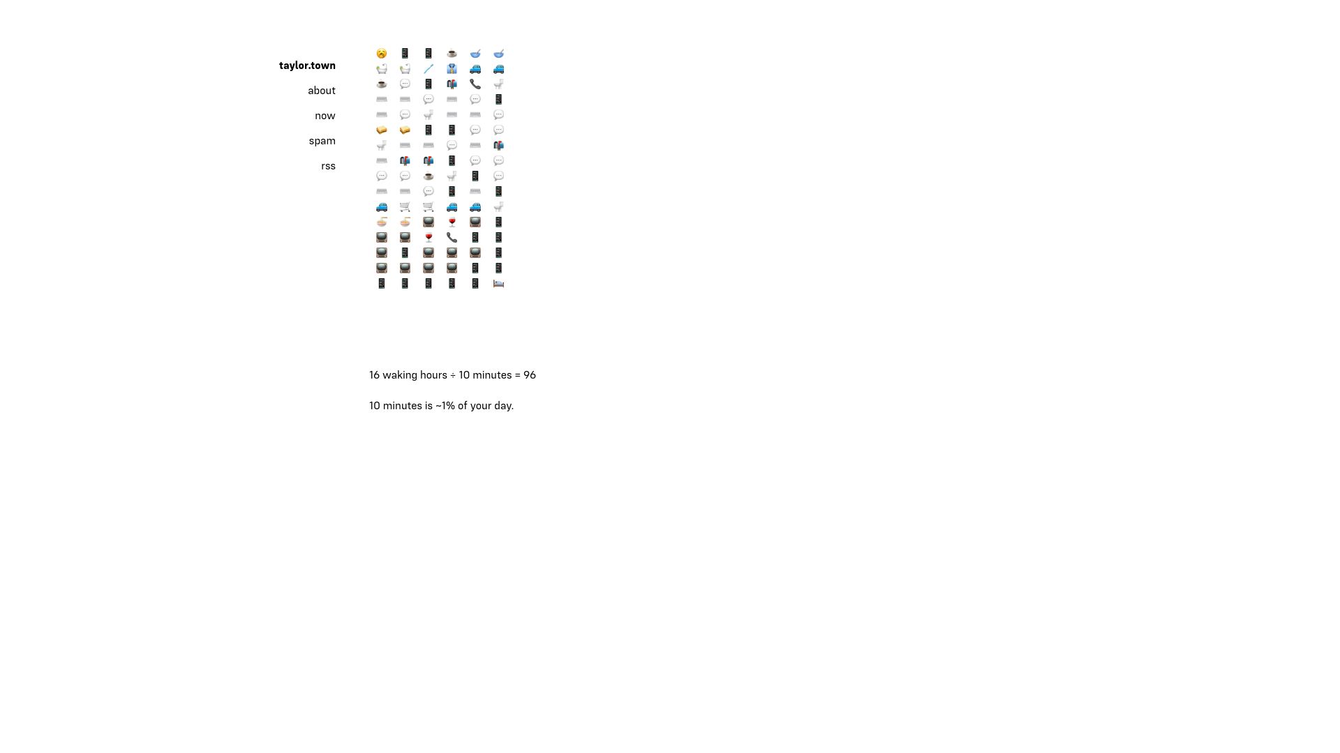 Screenshot of taylor.town: 10 Minutes is ~1% of your day