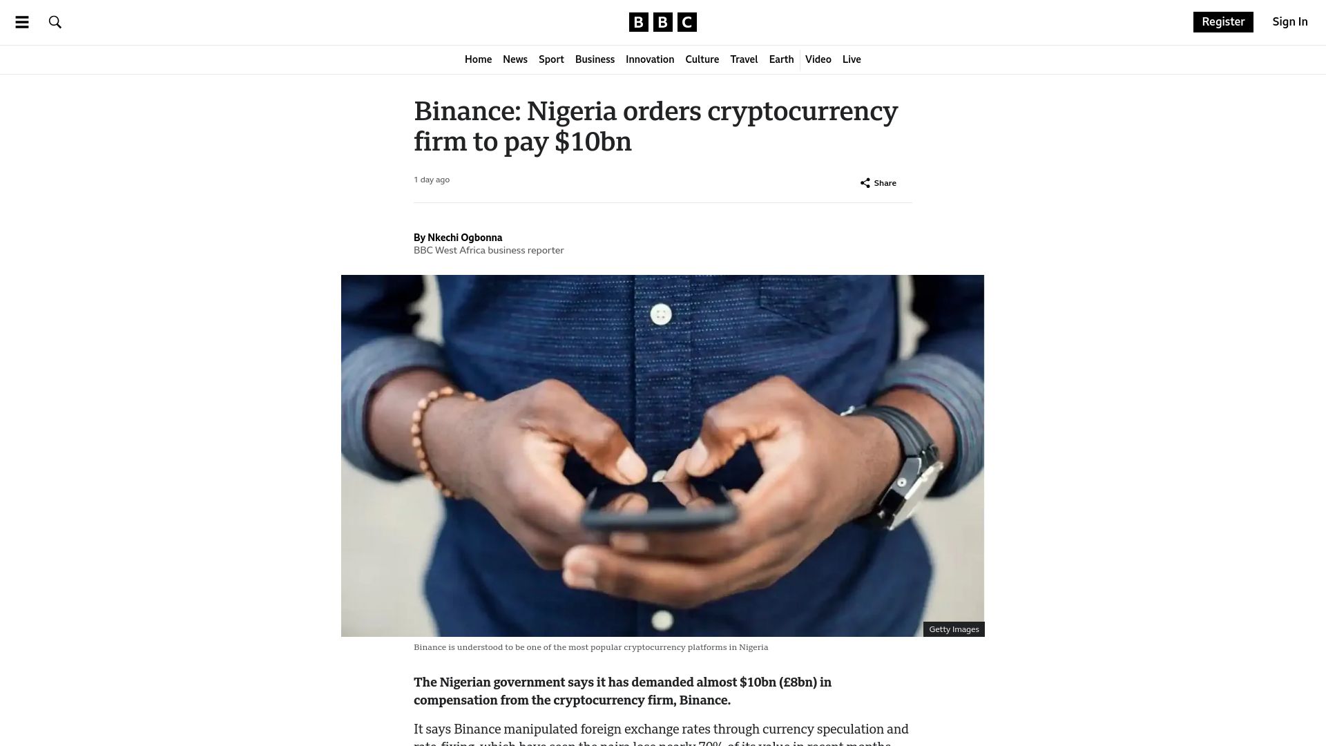 Screenshot of bbc.com: Binance: Nigeria orders cryptocurrency firm to pay $10B