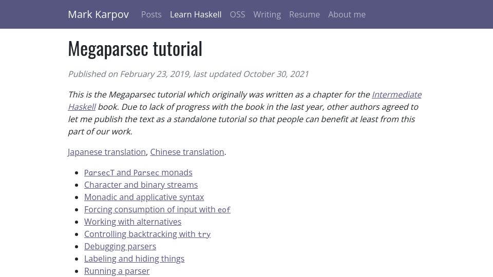 Screenshot of markkarpov.com: Megaparsec Tutorial