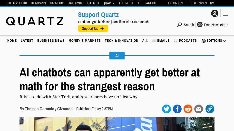 Screenshot of qz.com: AI chatbots can apparently get better at math for the strangest reason