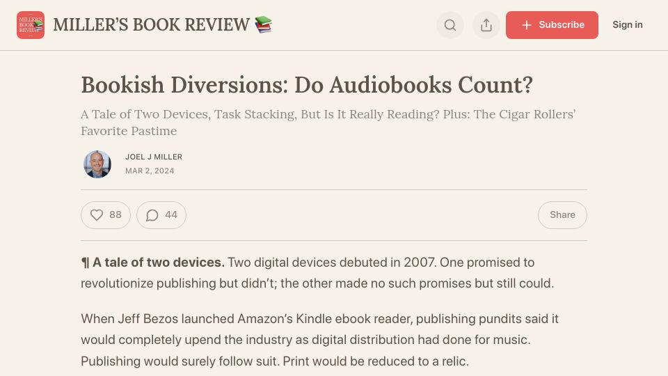 Screenshot of millersbookreview.com: Bookish Diversions: Do Audiobooks Count?