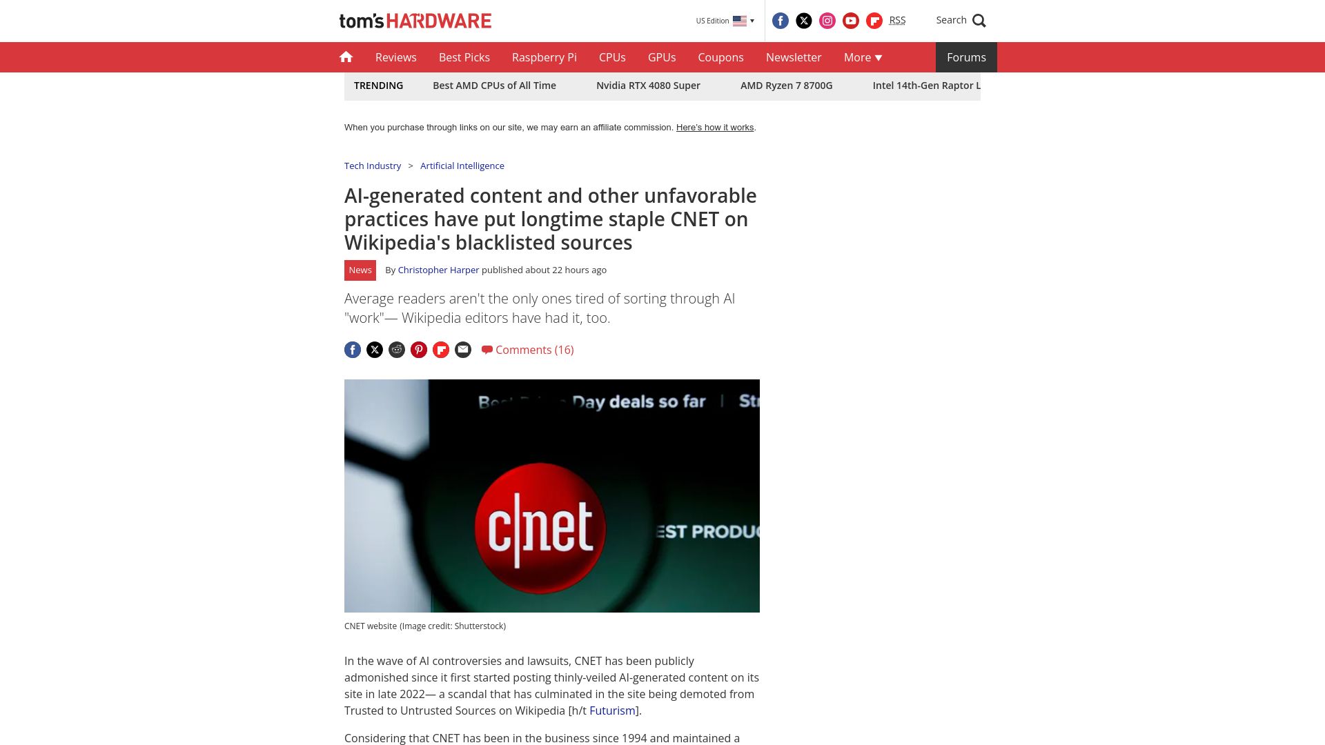 Screenshot of tomshardware.com: AI-generated content, other unfavorable practices get CNET on Wikipedia banlist