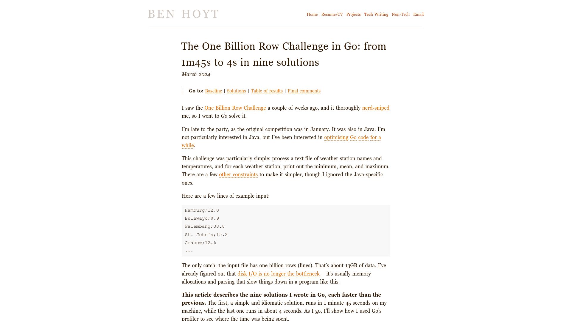 Screenshot of benhoyt.com: The One Billion Row Challenge in Go: from 1m45s to 4s in nine solutions