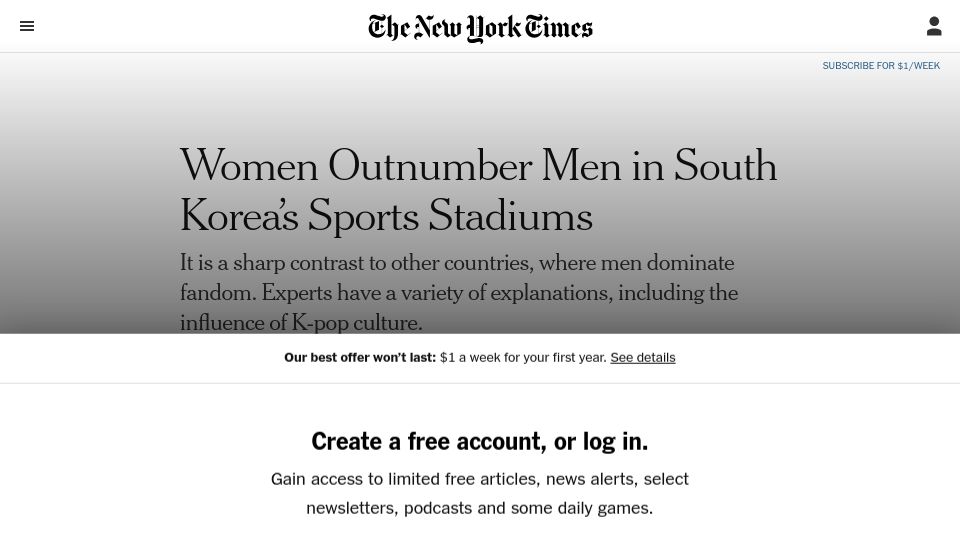 Screenshot of nytimes.com: Women outnumber men in South Korea's sports stadiums
