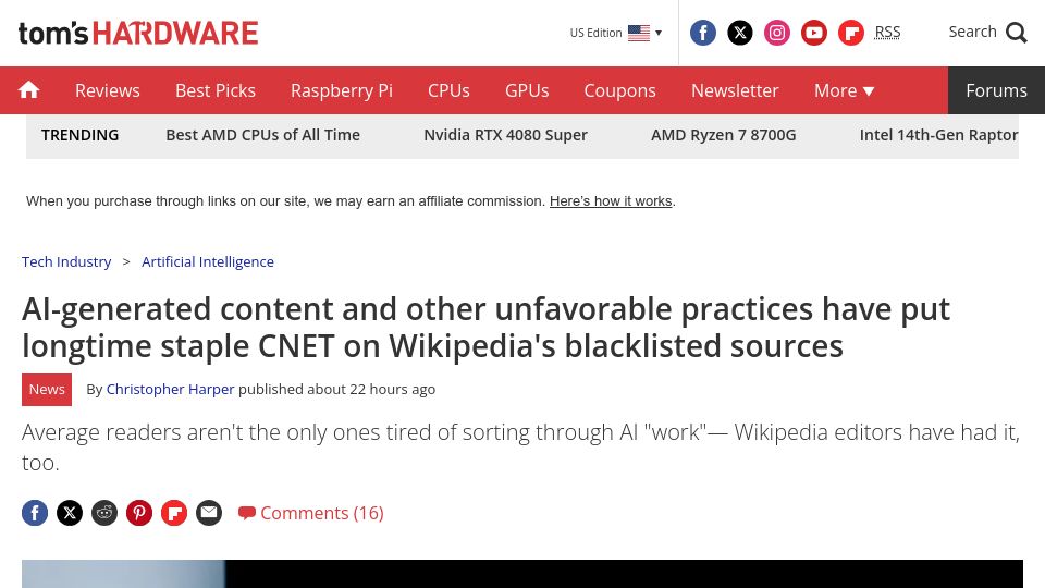 Screenshot of tomshardware.com: AI-generated content, other unfavorable practices get CNET on Wikipedia banlist