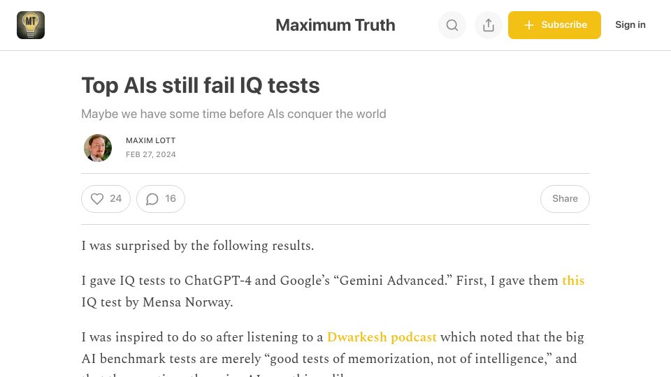 Screenshot of maximumtruth.org: Top AIs still fail IQ tests