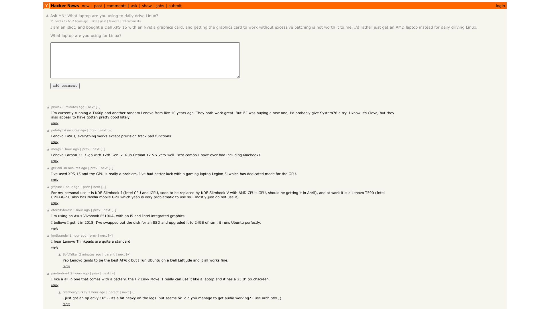 Screenshot of this Hacker News post: Ask HN: What laptop are you using to daily drive Linux?