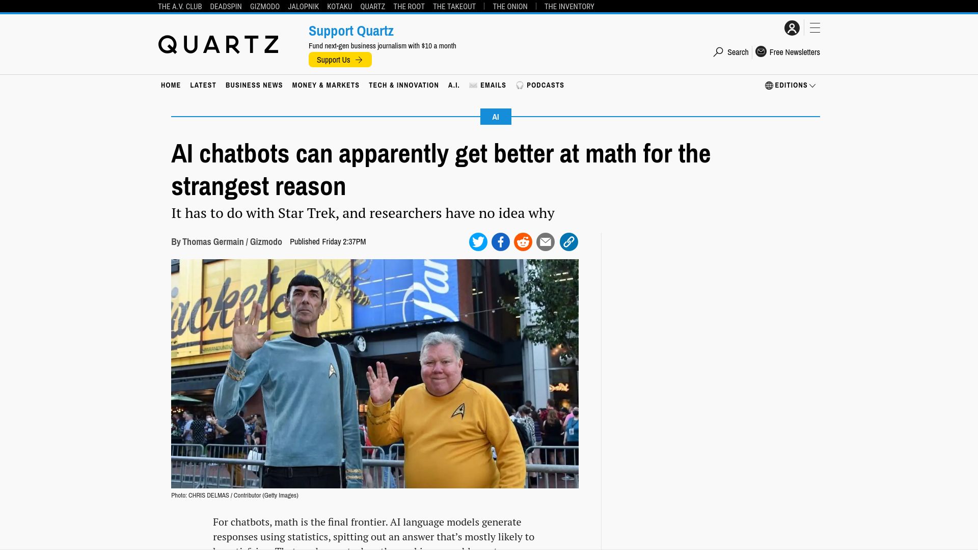 Screenshot of qz.com: AI chatbots can apparently get better at math for the strangest reason
