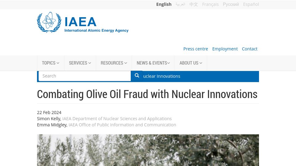 Screenshot of iaea.org: Combating olive oil fraud with nuclear innovations