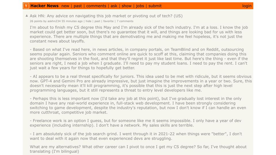 Screenshot of Hacker News post: Ask HN: Any advice on navigating this job market or pivoting out of tech? (US)
