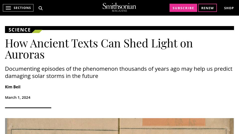 Screenshot of smithsonianmag.com: Ancient Texts Can Shed Light on Auroras