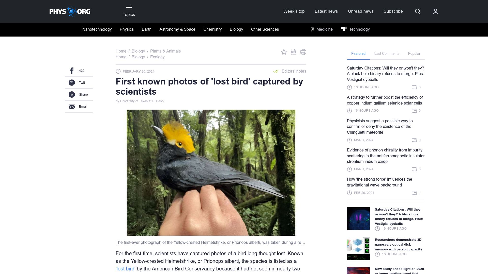 Screenshot of phys.org: First known photos of 'lost bird' captured by scientists