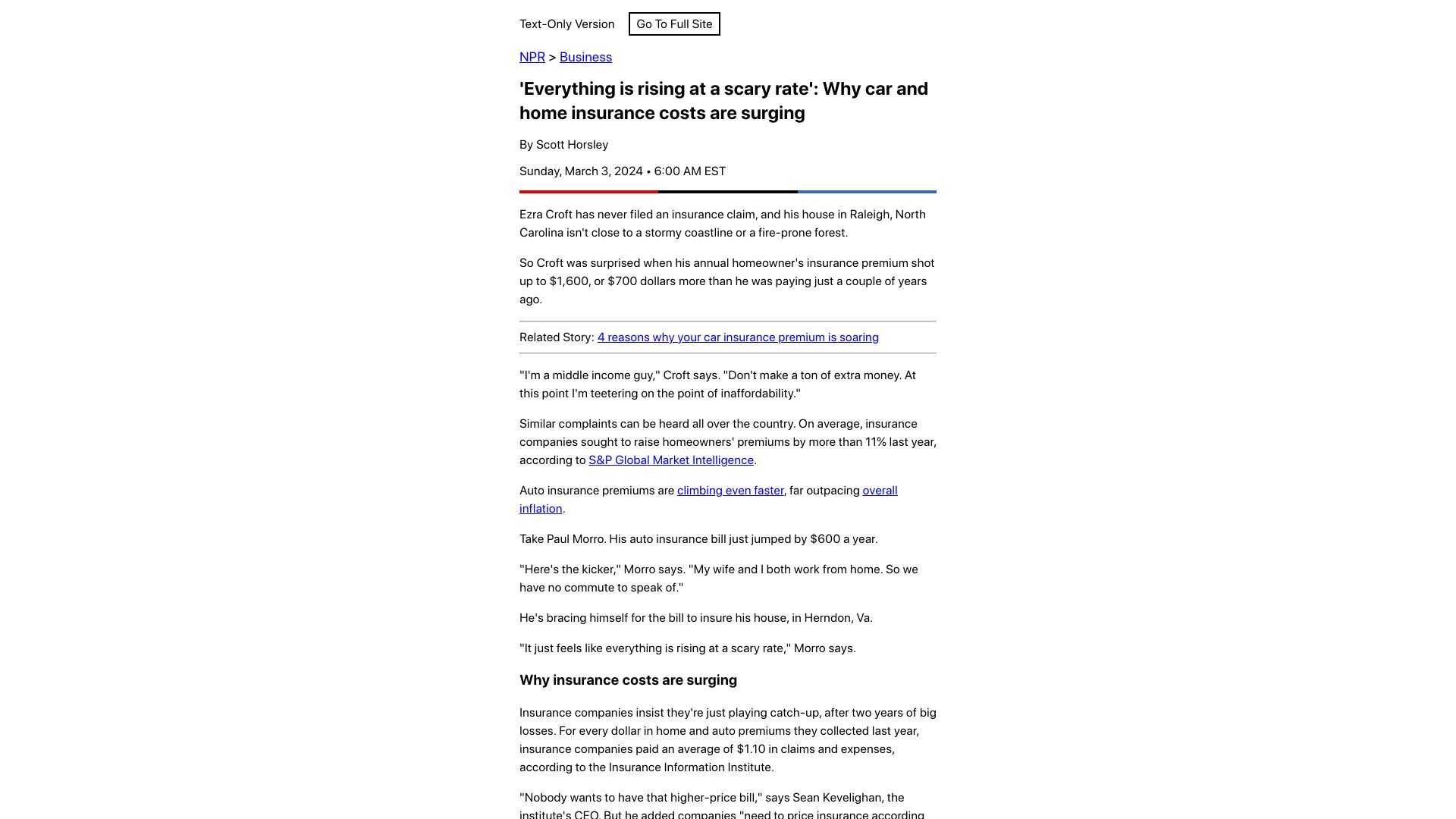Screenshot of text.npr.org: Everything is rising at a scary rate: Why car, home insurance costs are surging