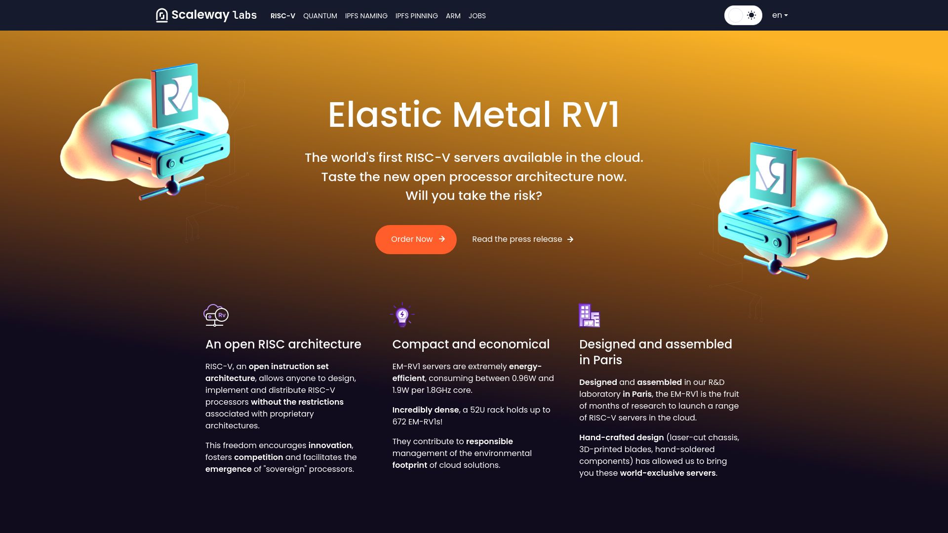 Screenshot of labs.scaleway.com: Scaleway launches RISC-V servers