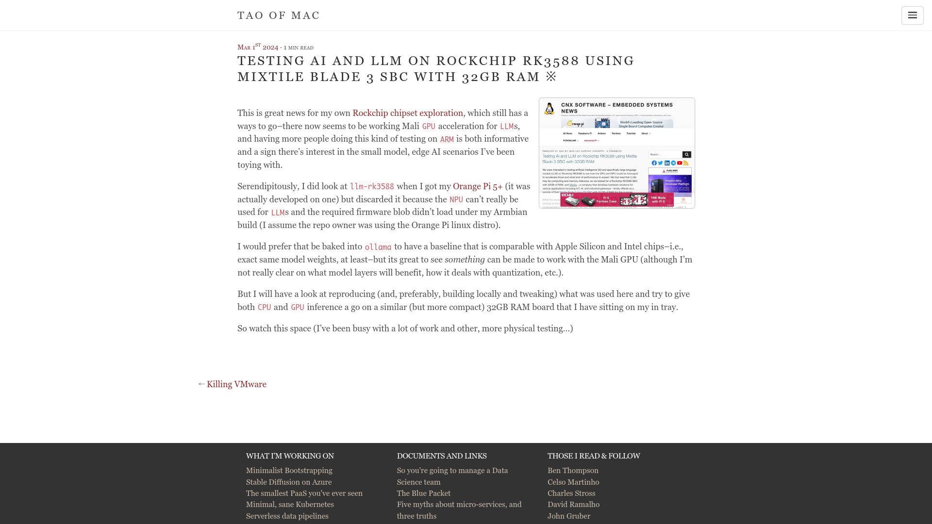 Screenshot of taoofmac.com: Testing AI and LLM on Rockchip RK3588 Using Mixtile Blade 3 SBC with 32GB RAM