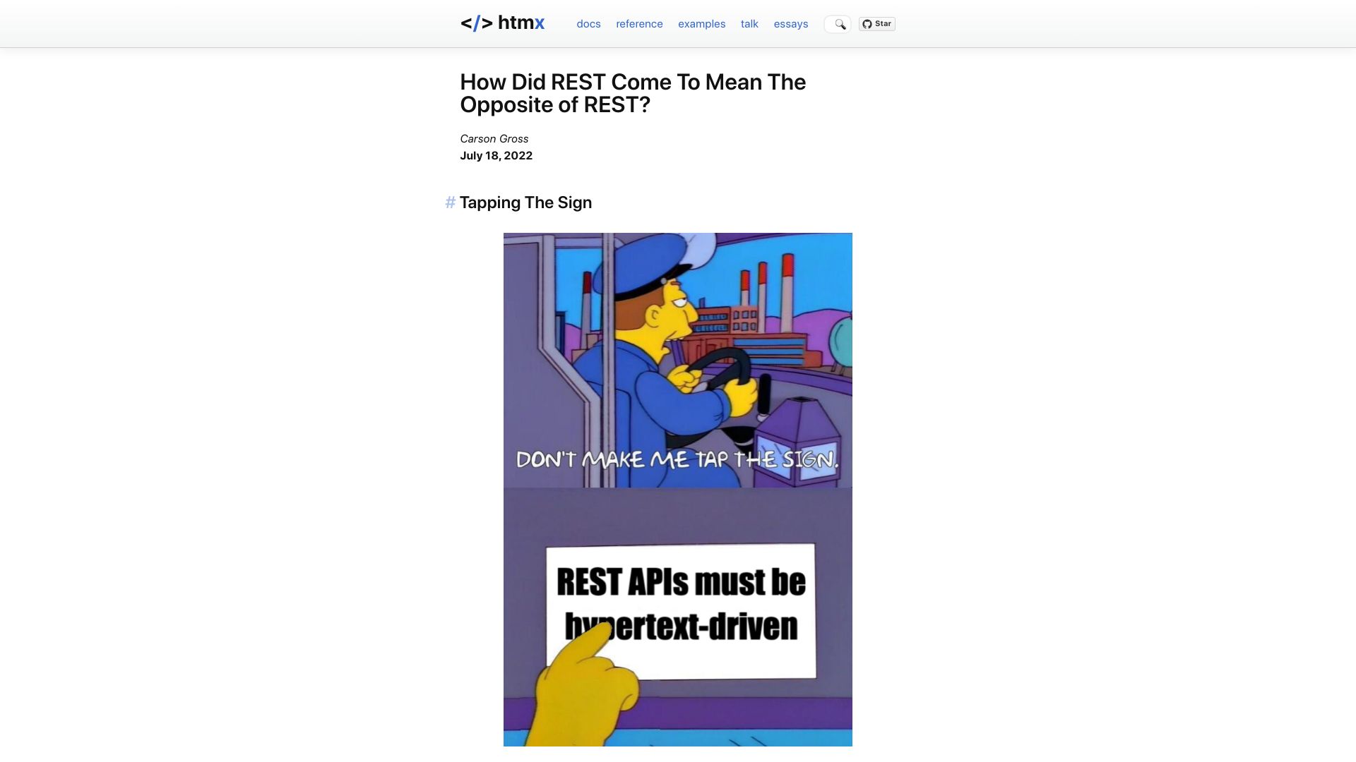 Screenshot of htmx.org: How Did REST Come to Mean the Opposite of REST? (2022)