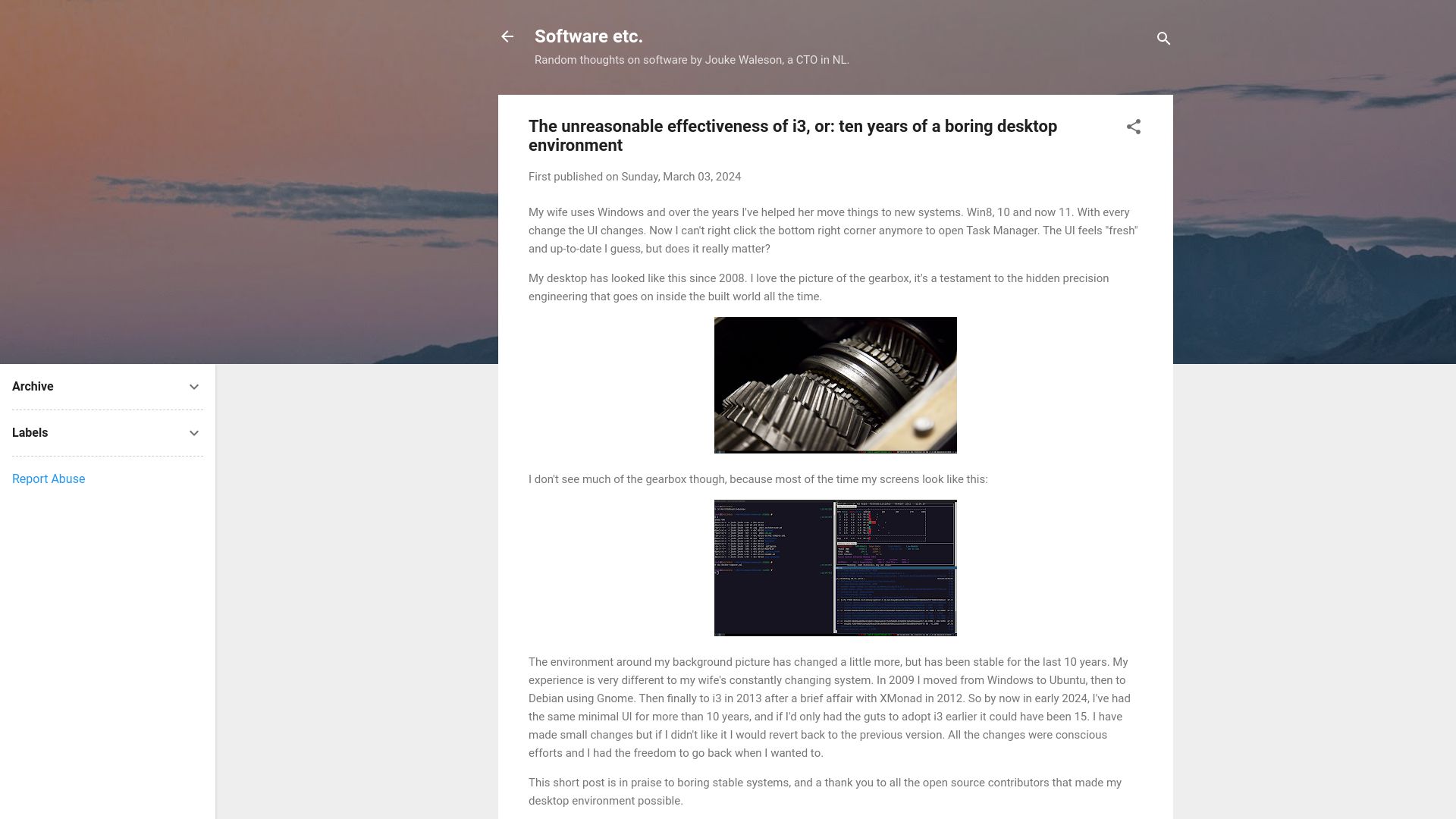 Screenshot of blog.waleson.com: The unreasonable effectiveness of i3, or: ten years of a boring desktop env