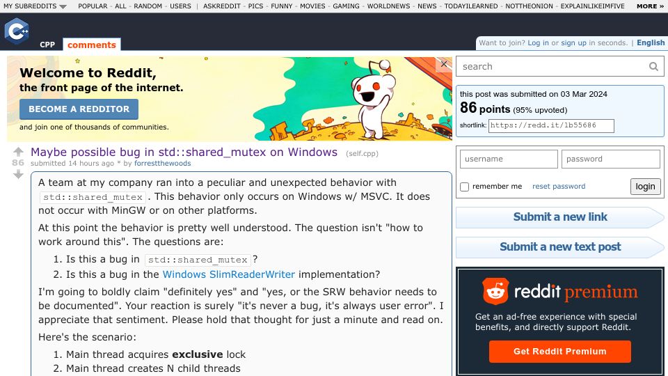 Screenshot of old.reddit.com: Bug in reader/writer locks in Windows API