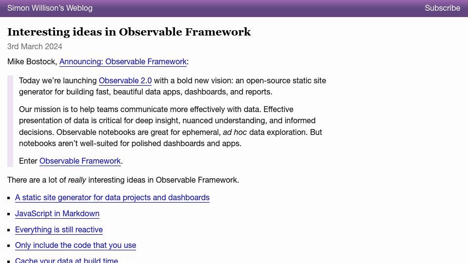 Screenshot of simonwillison.net: Interesting ideas in Observable Framework
