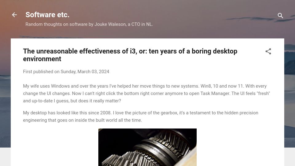 Screenshot of blog.waleson.com: The unreasonable effectiveness of i3, or: ten years of a boring desktop env