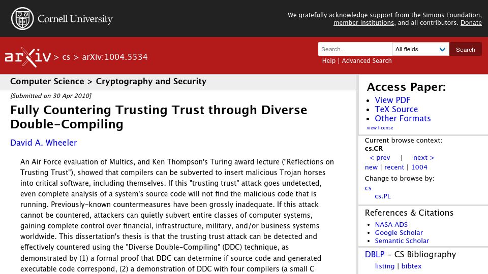 Screenshot of arxiv.org: Fully countering trusting trust through diverse double-compiling (2005)