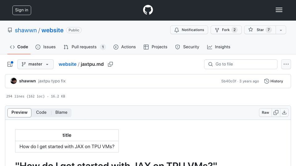 Screenshot of github.com: How do I get started with Jax on TPU VMs