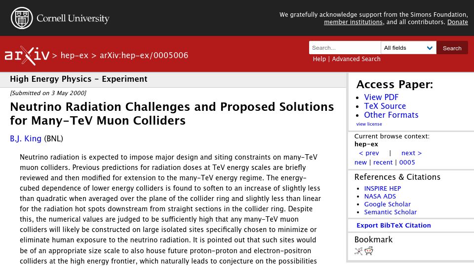 Screenshot of arxiv.org: Neutrino Radiation Challenges and Proposed Solutions for Many-TeV Muon Colliders