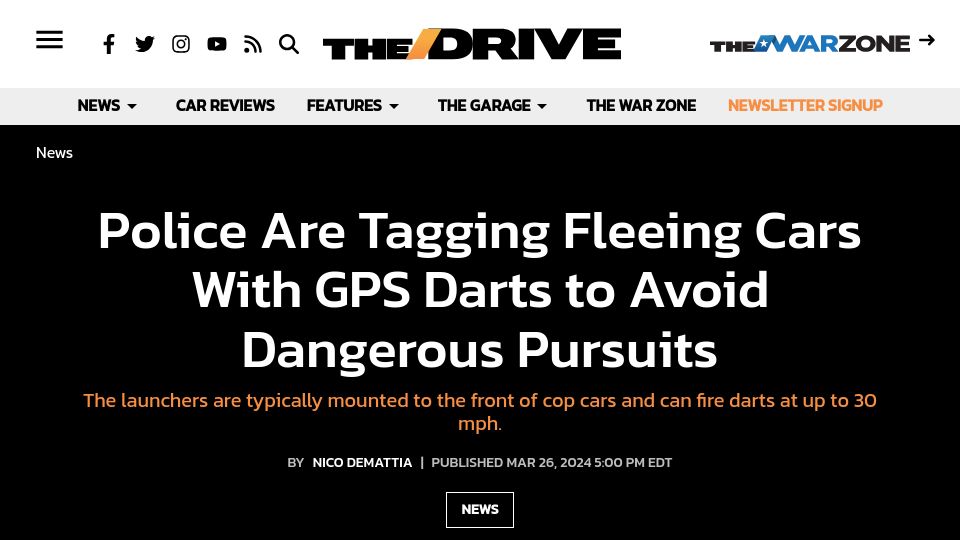 Screenshot of thedrive.com: Police are tagging fleeing cars with GPS darts to avoid dangerous pursuits