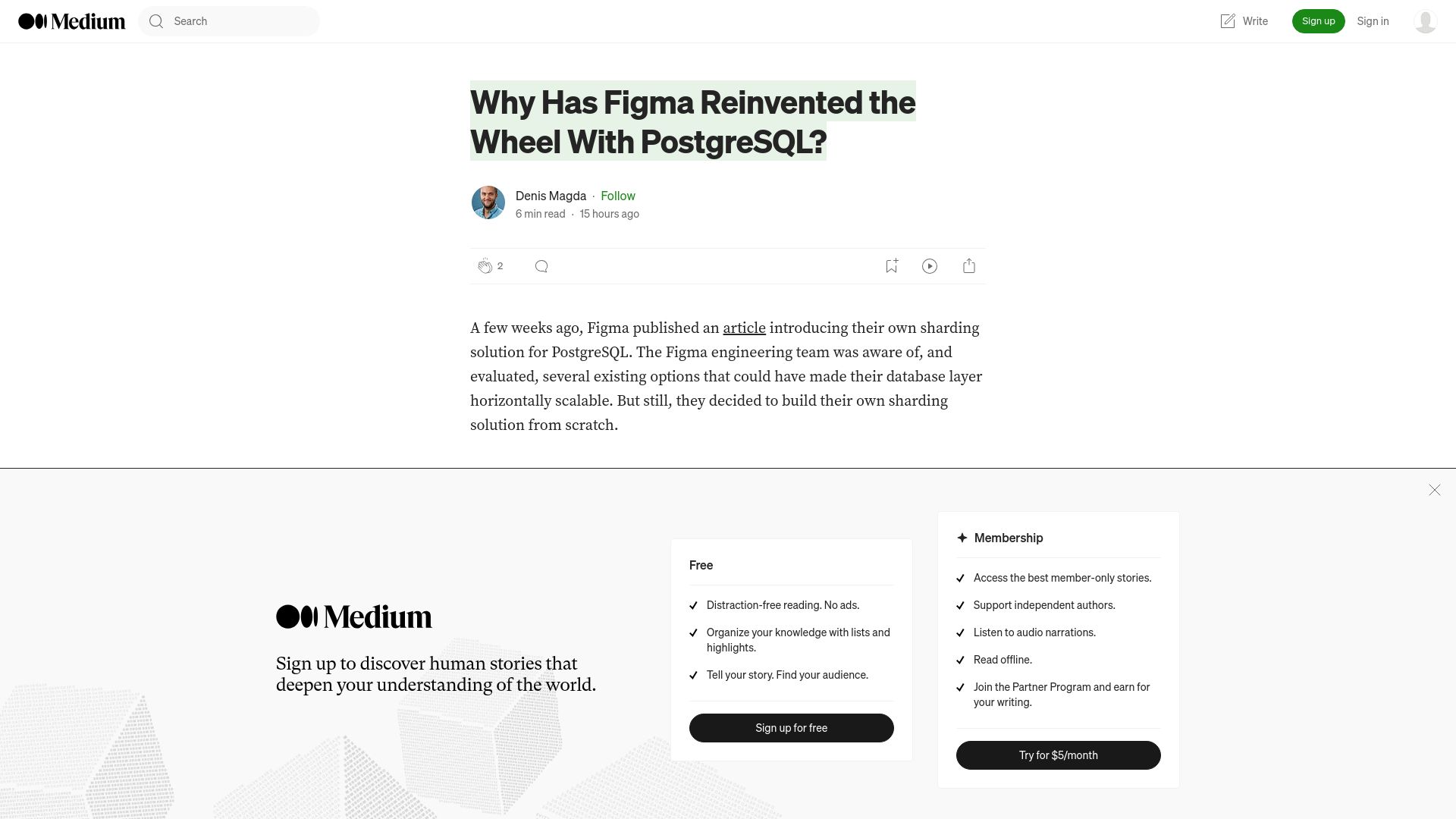 Screenshot of medium.com: Why Has Figma Reinvented the Wheel with PostgreSQL?