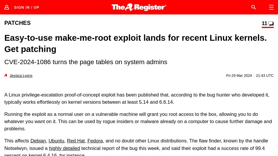 Screenshot of theregister.com: Easy-to-use make-me-root exploit lands for recent Linux kernels. Get patching