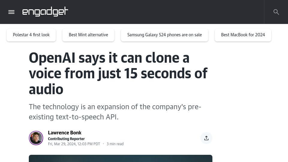 Screenshot of engadget.com: OpenAI says it can clone a voice from just 15 seconds of audio