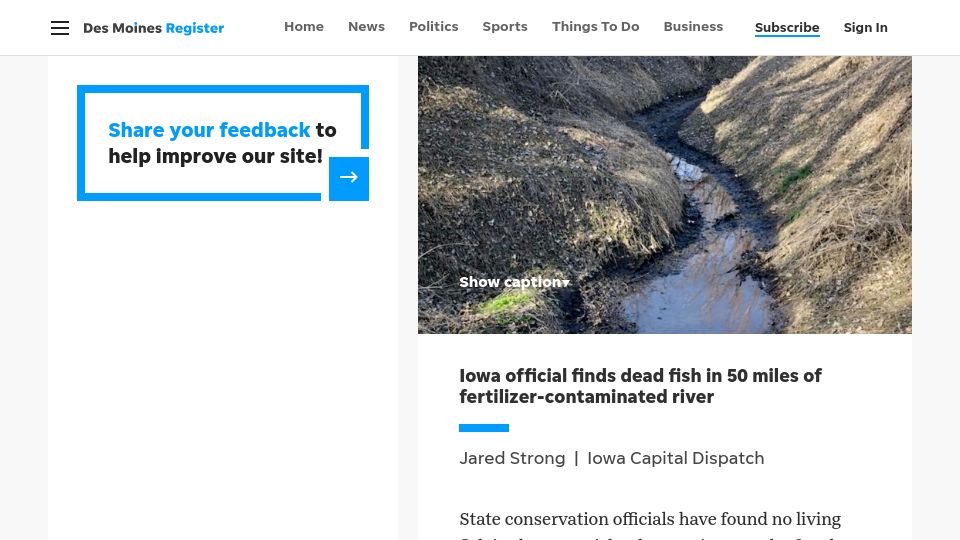 Screenshot of desmoinesregister.com: Iowa official finds dead fish in 50 miles of fertilizer-contaminated river