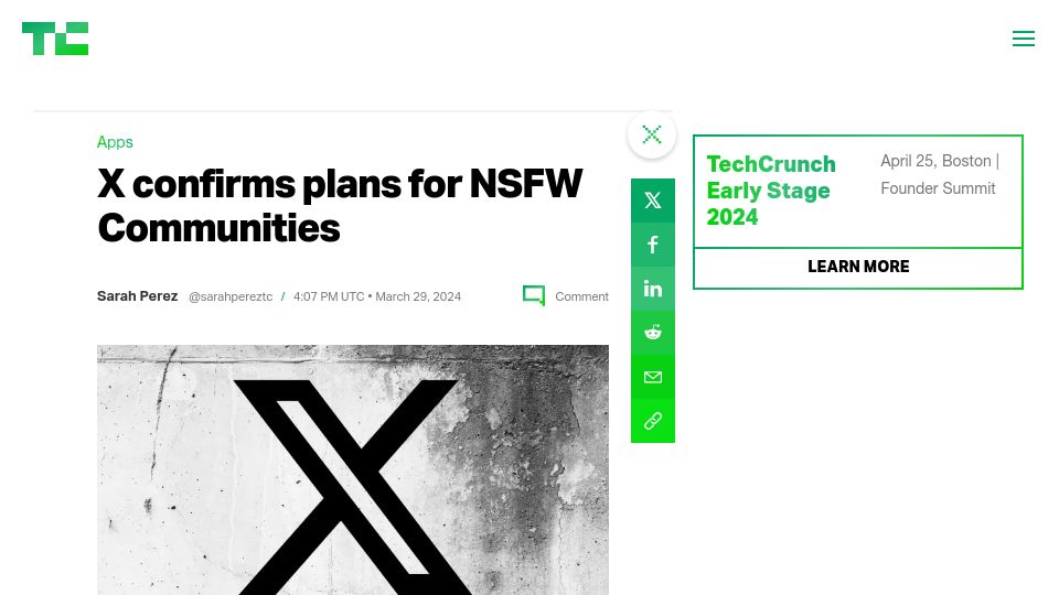 Screenshot of techcrunch.com: X confirms plans for NSFW Communities