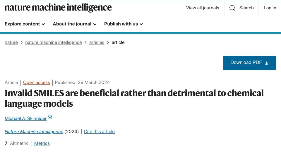 Screenshot of nature.com: Invalid SMILES are beneficial rather than detrimental to chemical lang models