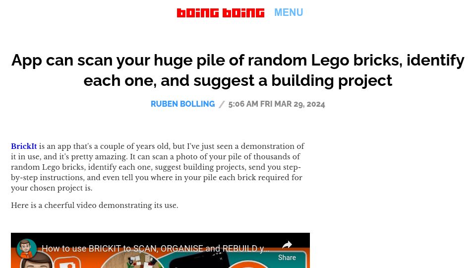 Screenshot of boingboing.net: App scans your pile of Lego and uses ML to suggest projects