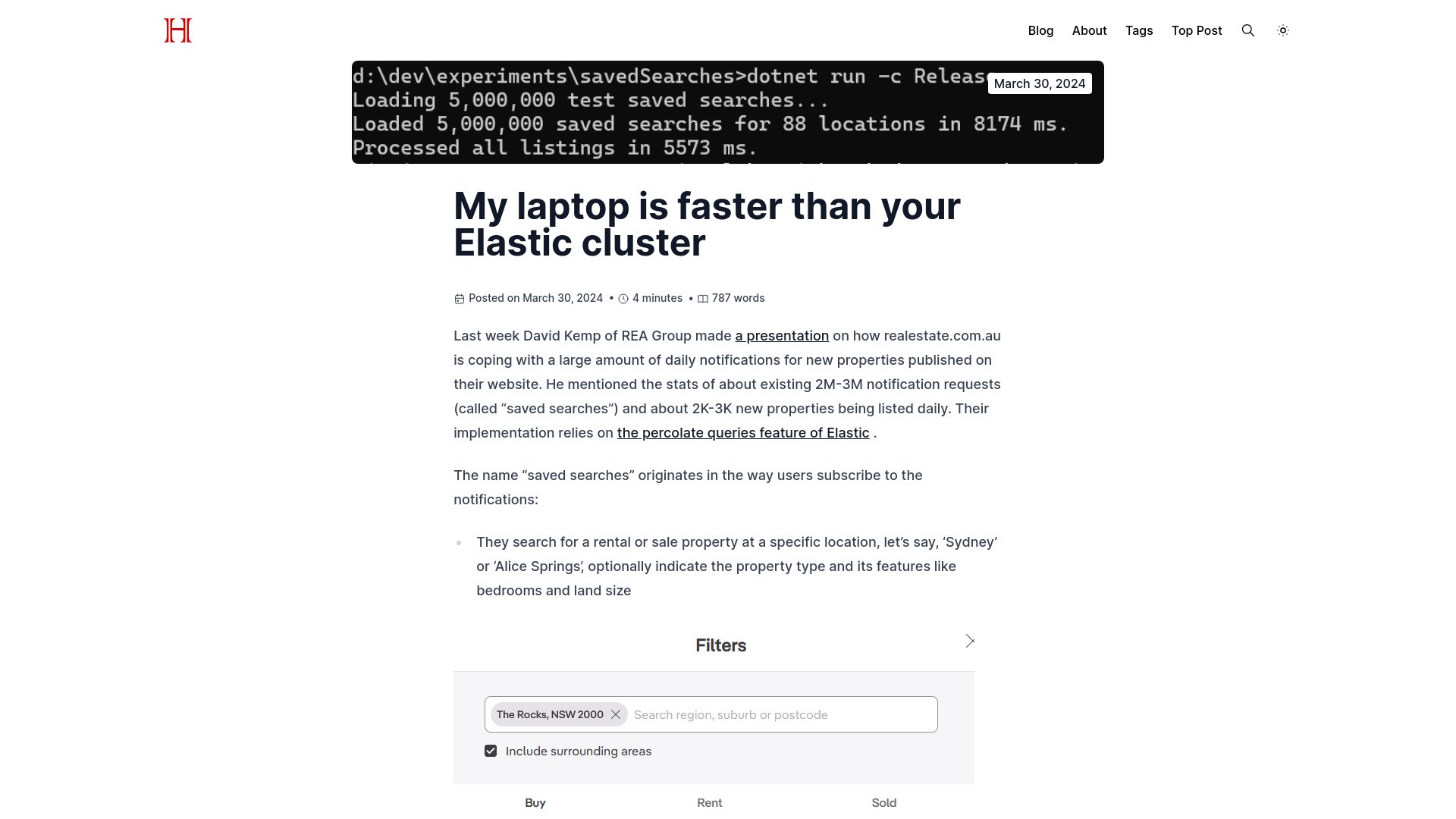 Screenshot of haybatov.com: My laptop is faster than your Elastic cluster
