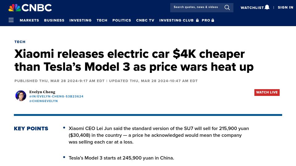 Screenshot of cnbc.com: Xiaomi releases electric car $4K cheaper than Tesla's Model 3