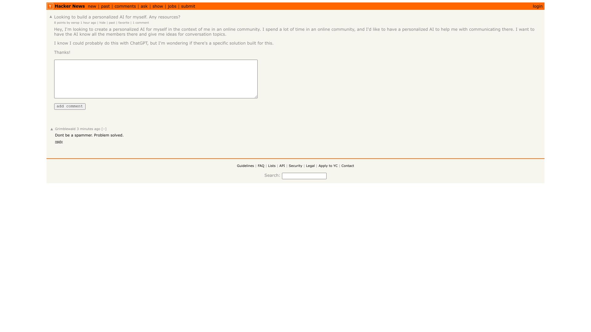 Screenshot of this Hacker News post: Looking to build a personalized AI for myself. Any resources?