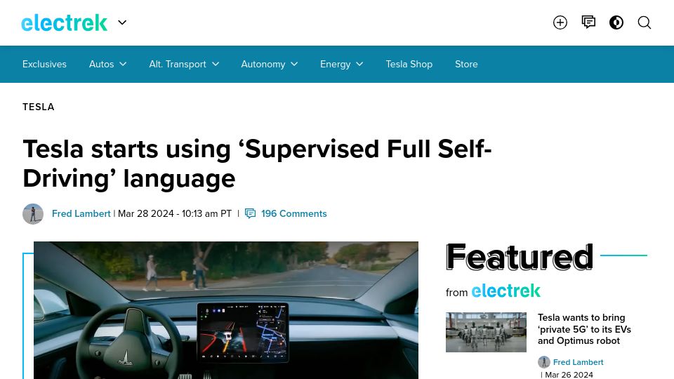 Screenshot of electrek.co: Tesla starts using 'Supervised Full Self-Driving' language