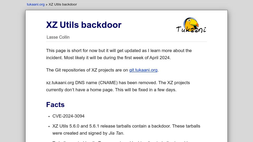Screenshot of tukaani.org: XZ Utils Backdoor