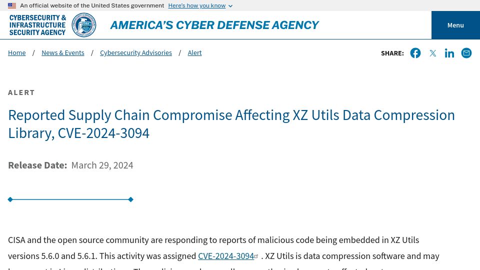 Screenshot of cisa.gov: Reported Supply Chain Compromise Affecting XZ Utils Data Compression Library