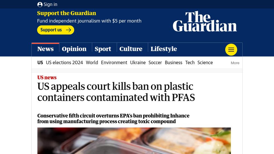 Screenshot of theguardian.com: US appeals court kills ban on plastic containers contaminated with PFAS