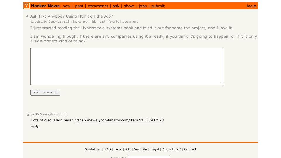 Screenshot of Hacker News post: Ask HN: Anybody Using Htmx on the Job?