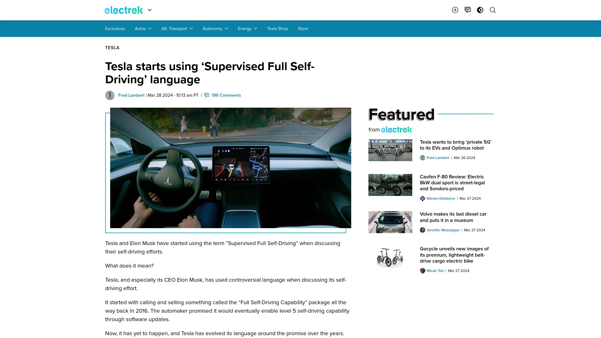 Screenshot of electrek.co: Tesla starts using 'Supervised Full Self-Driving' language