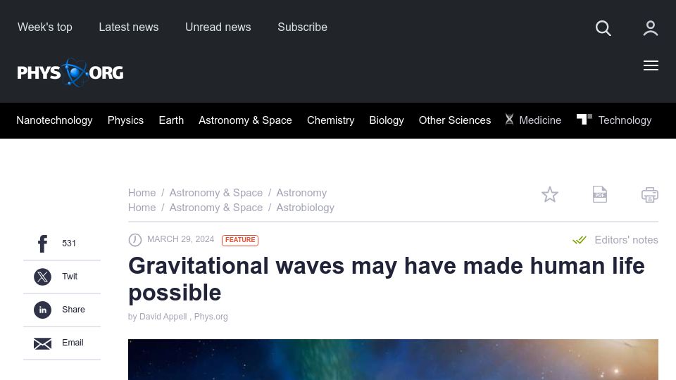 Screenshot of phys.org: Gravitational waves may have made human life possible