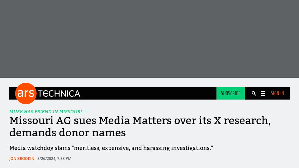 Screenshot of arstechnica.com: Missouri AG sues Media Matters over its X research, demands donor names