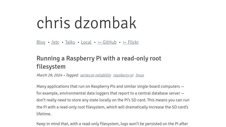 Screenshot of dzombak.com: Running a Raspberry Pi with a read-only root filesystem
