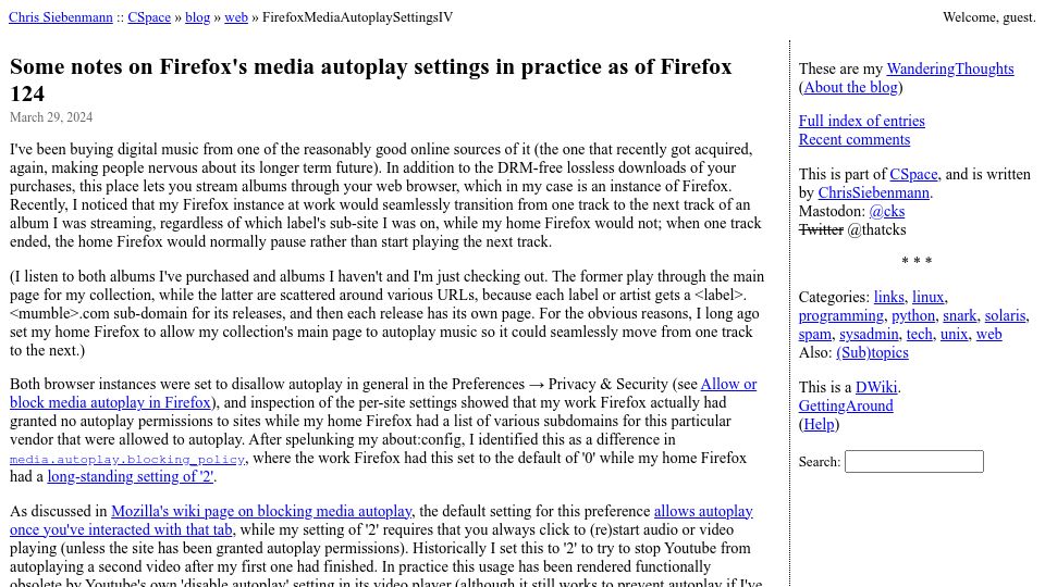 Screenshot of utcc.utoronto.ca: Some notes on Firefox’s media autoplay settings in practice as of Firefox 124