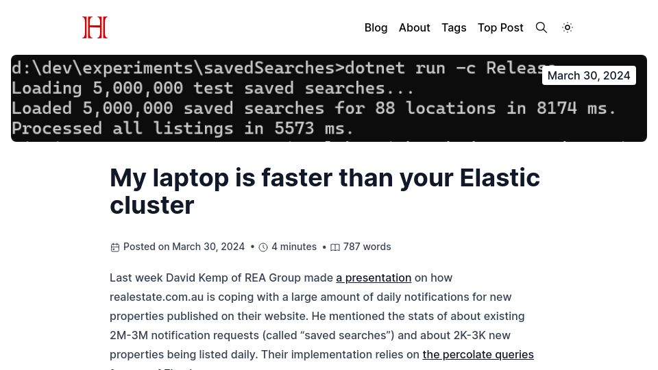 Screenshot of haybatov.com: My laptop is faster than your Elastic cluster