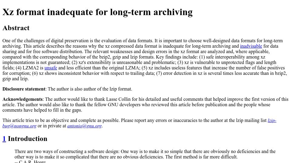 Screenshot of nongnu.org: Xz format inadequate for long-term archiving (2022-02-02)